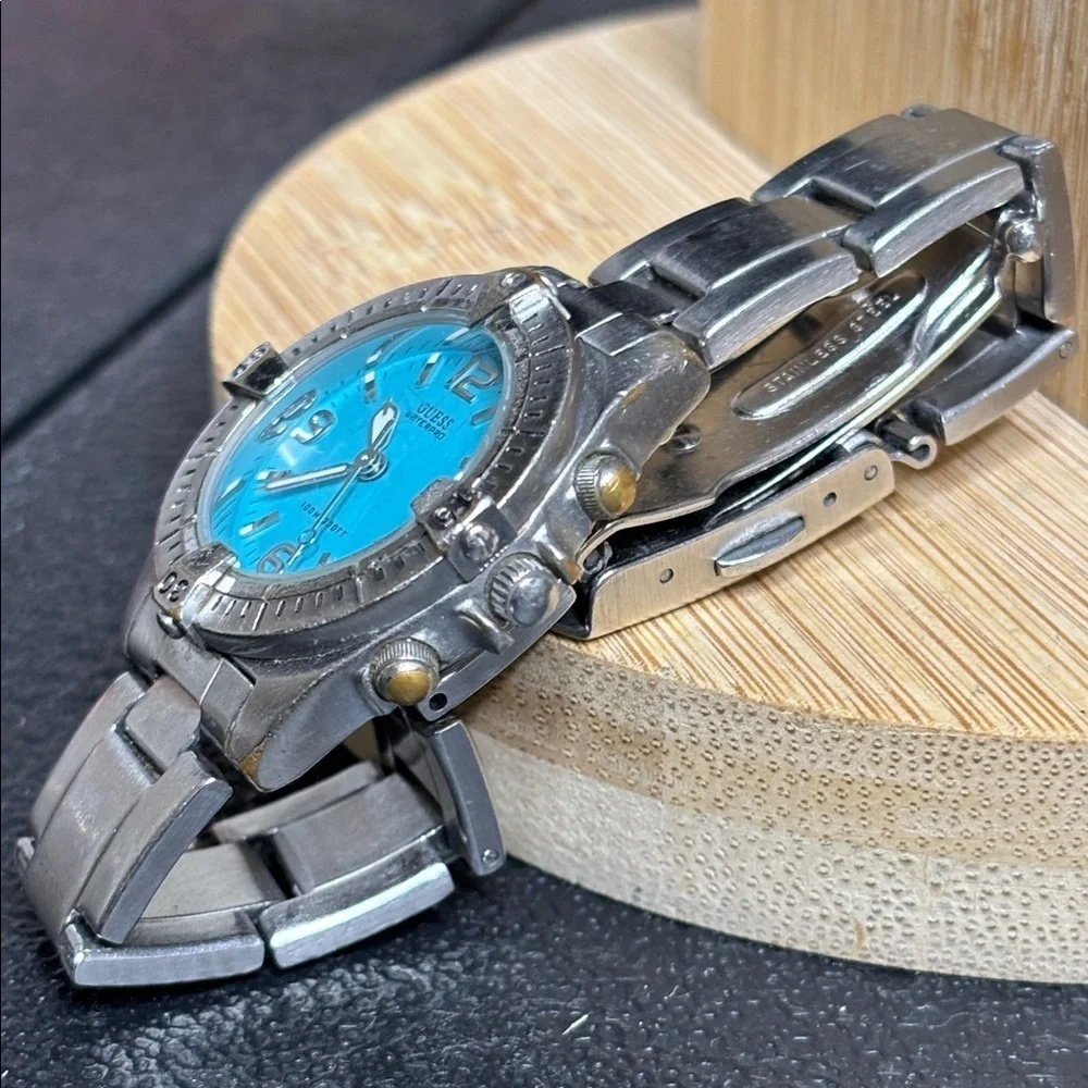 Vintage Guess Tiffany Blue Dial Stainless Steel Silver Waterpro Watch Needs 🔋